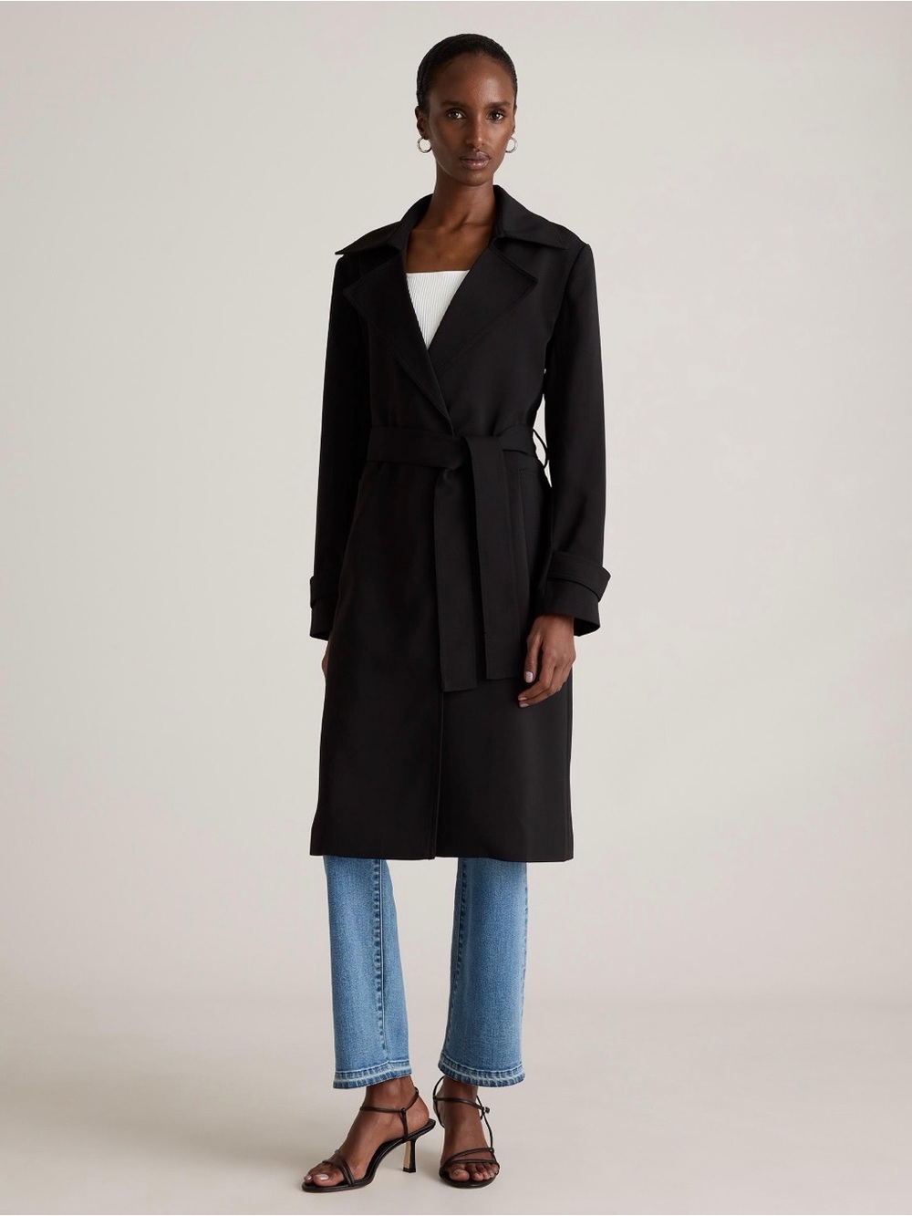 Quince Stretch Crepe Belted Trench Coat Black XS NWT Quiet Luxury Minimalist